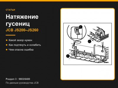 Натяжение гусениц на JCB JS200–JS260: зазор и регулировка