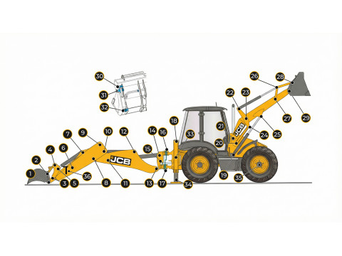 Схема, позиции и привязка к узлам пальцев и втулок JCB серии CX