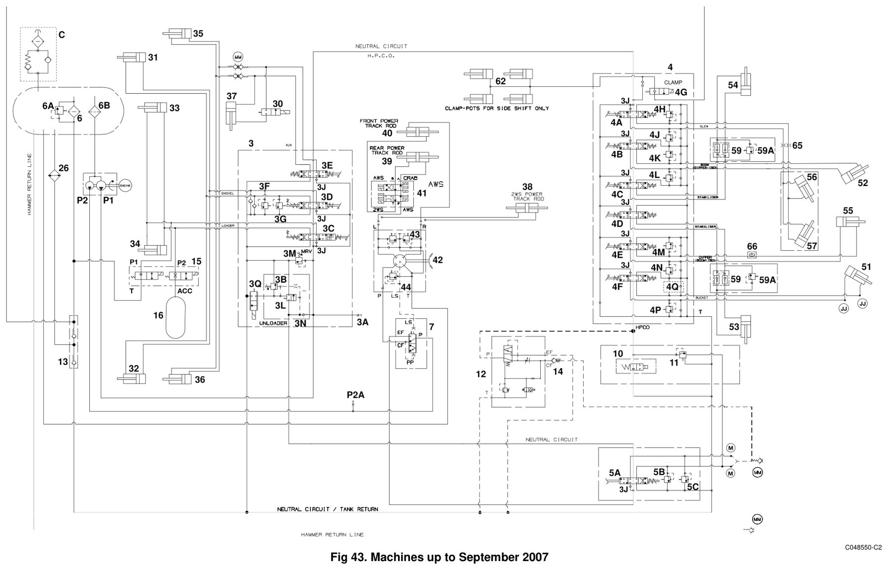 Гидравлическая схема JCB 3CX с шестерённым насосом до сентября 2007 года (руководство JCB, стр. E-42) Гидравлическая схема JCB 3CX с шестерённым насосом до сентября 2007 года (руководство JCB, стр. E-42)