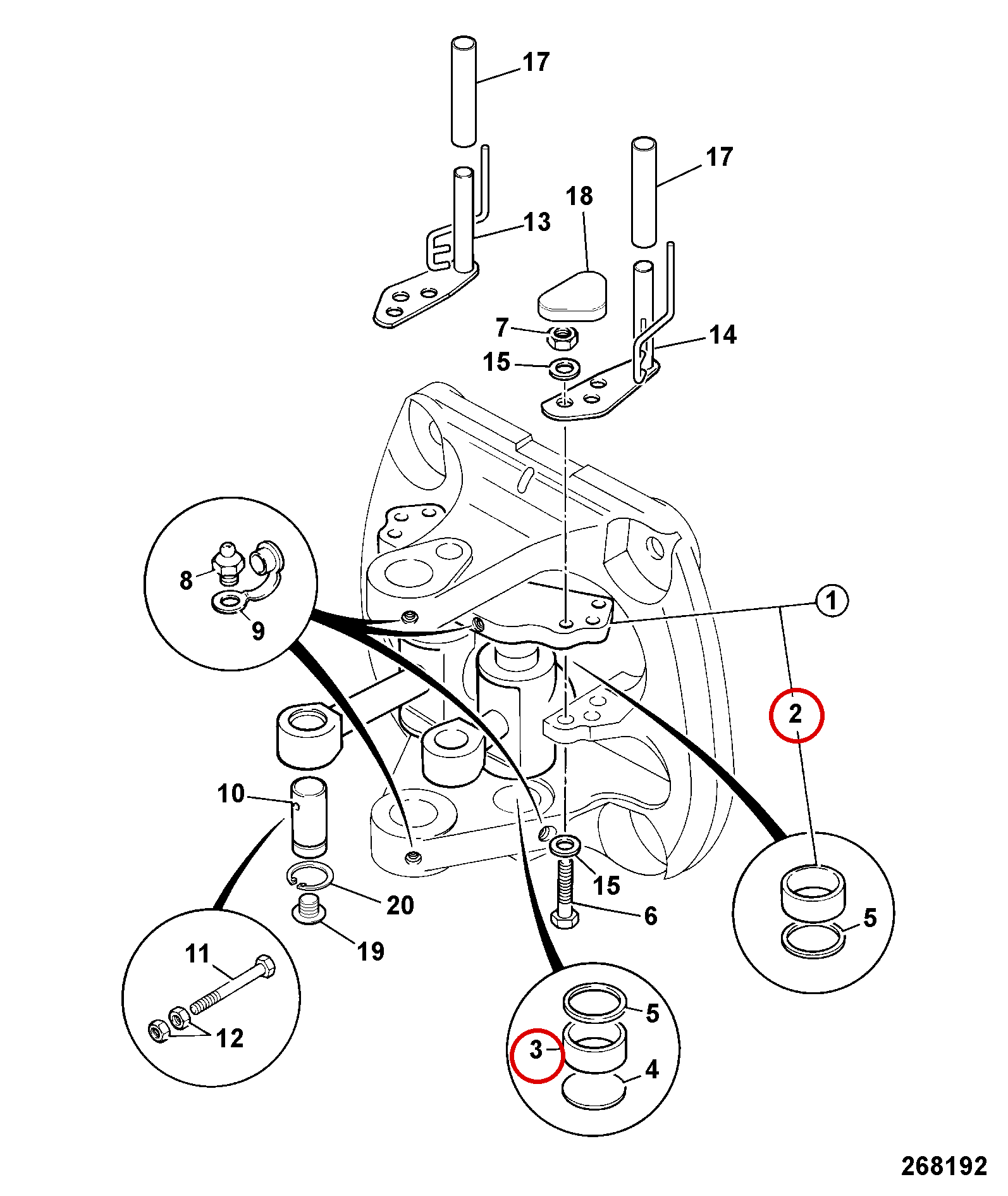 Схема узла поворота задней стрелы JCB Sideshift, втулка 808/00388 — позиции 2 и 3